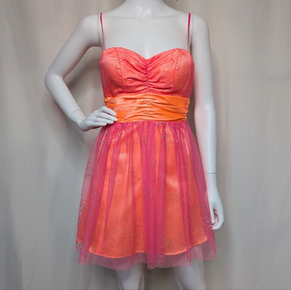 Y2K Hot Pink & Orange Strapless Satin, Glitter Tulle Layered Mini Babydoll Dress - Picture 1 of 10